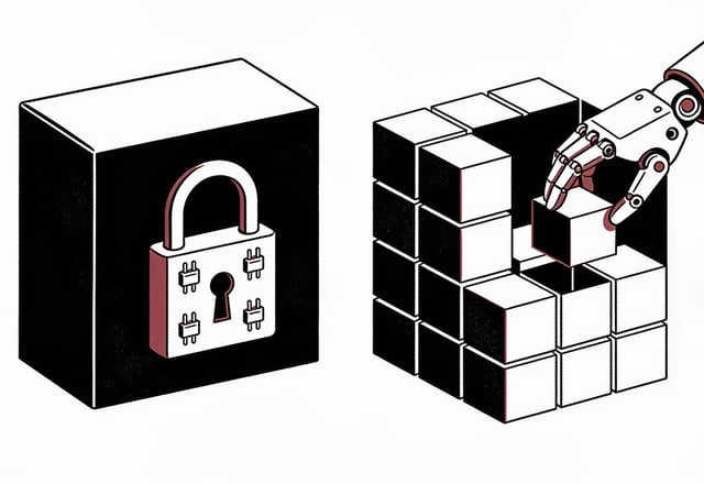 Minimal ink and crimson illustration contrasting a locked box labeled with API plug icons against an open modular structure being freely rearranged by an abstract robotic hand