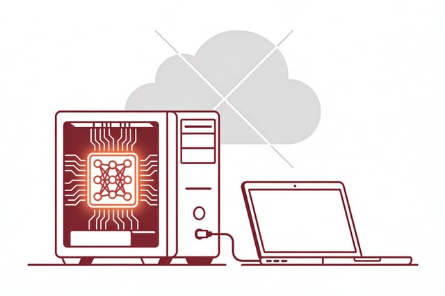 Minimal ink and crimson illustration of a desktop tower with a glowing local AI chip connected to a laptop, with a faded crossed-out cloud icon in the background