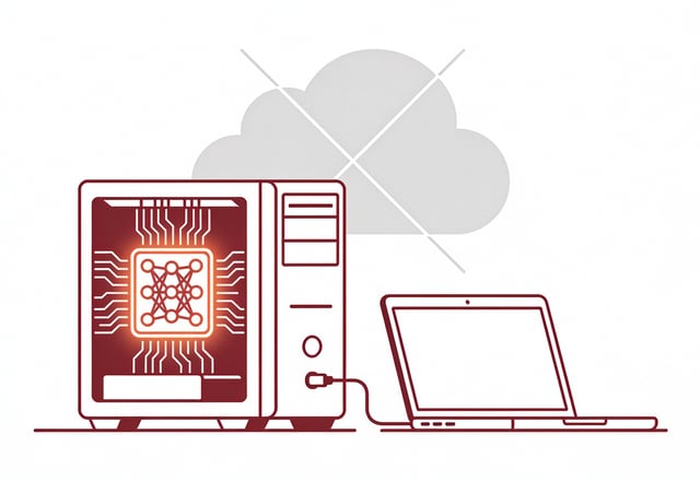Minimal ink and crimson illustration of a desktop tower with a glowing local AI chip connected to a laptop, with a faded crossed-out cloud icon in the background