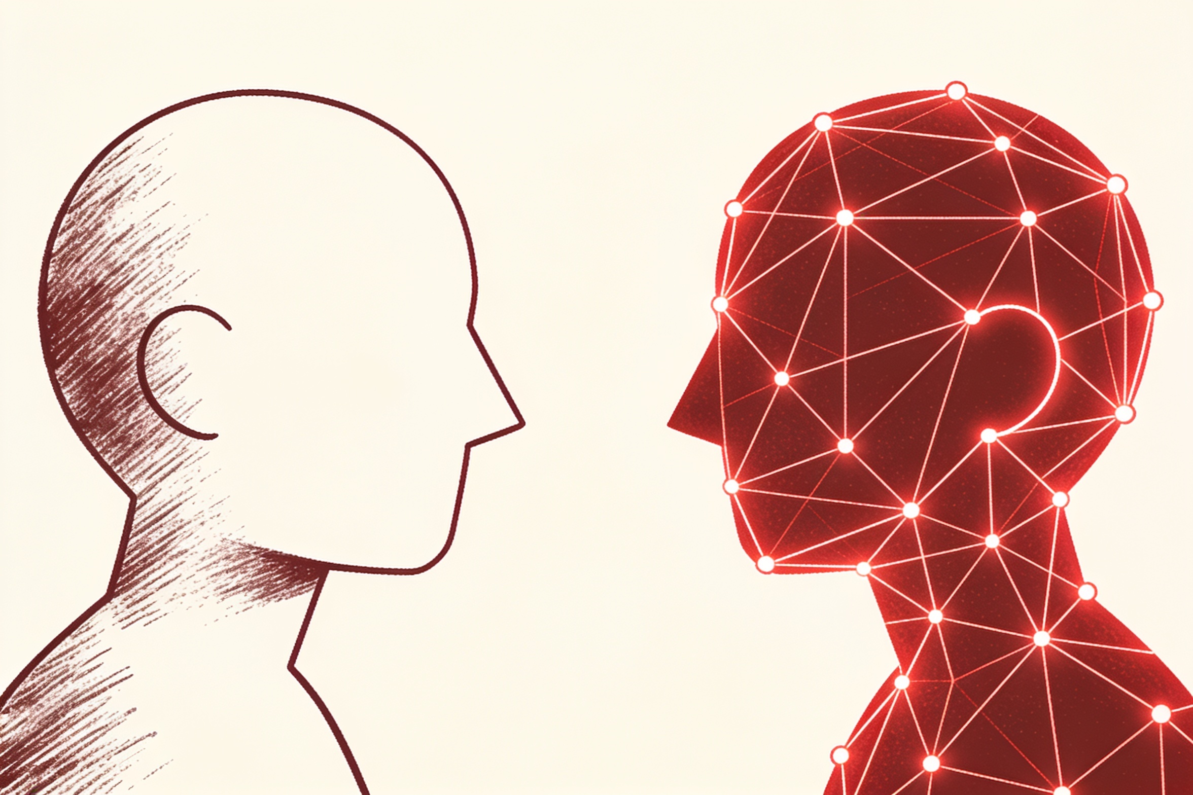 Minimal ink-and-crimson illustration of a plain human outline in dialogue with an abstract wireframe avatar figure, representing a person practicing a conversation with an AI roleplay agent