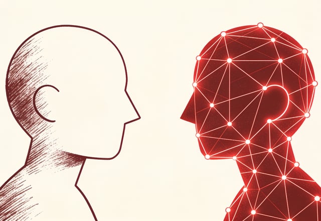 Minimal ink-and-crimson illustration of a plain human outline in dialogue with an abstract wireframe avatar figure, representing a person practicing a conversation with an AI roleplay agent