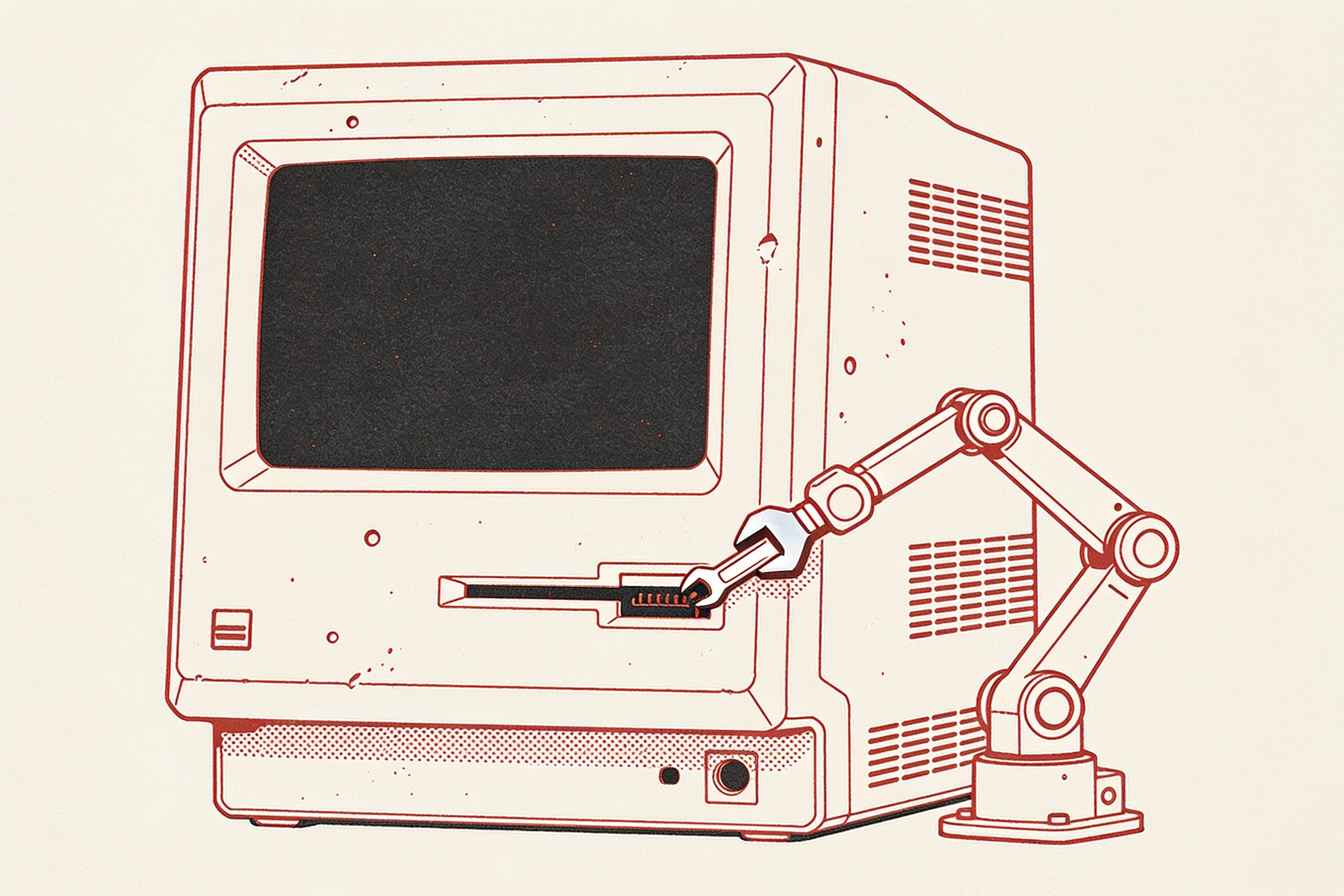 Minimal ink-and-crimson illustration of an old mainframe terminal being repaired by a small robotic arm holding a wrench