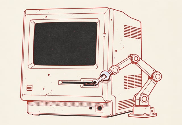 Minimal ink-and-crimson illustration of an old mainframe terminal being repaired by a small robotic arm holding a wrench