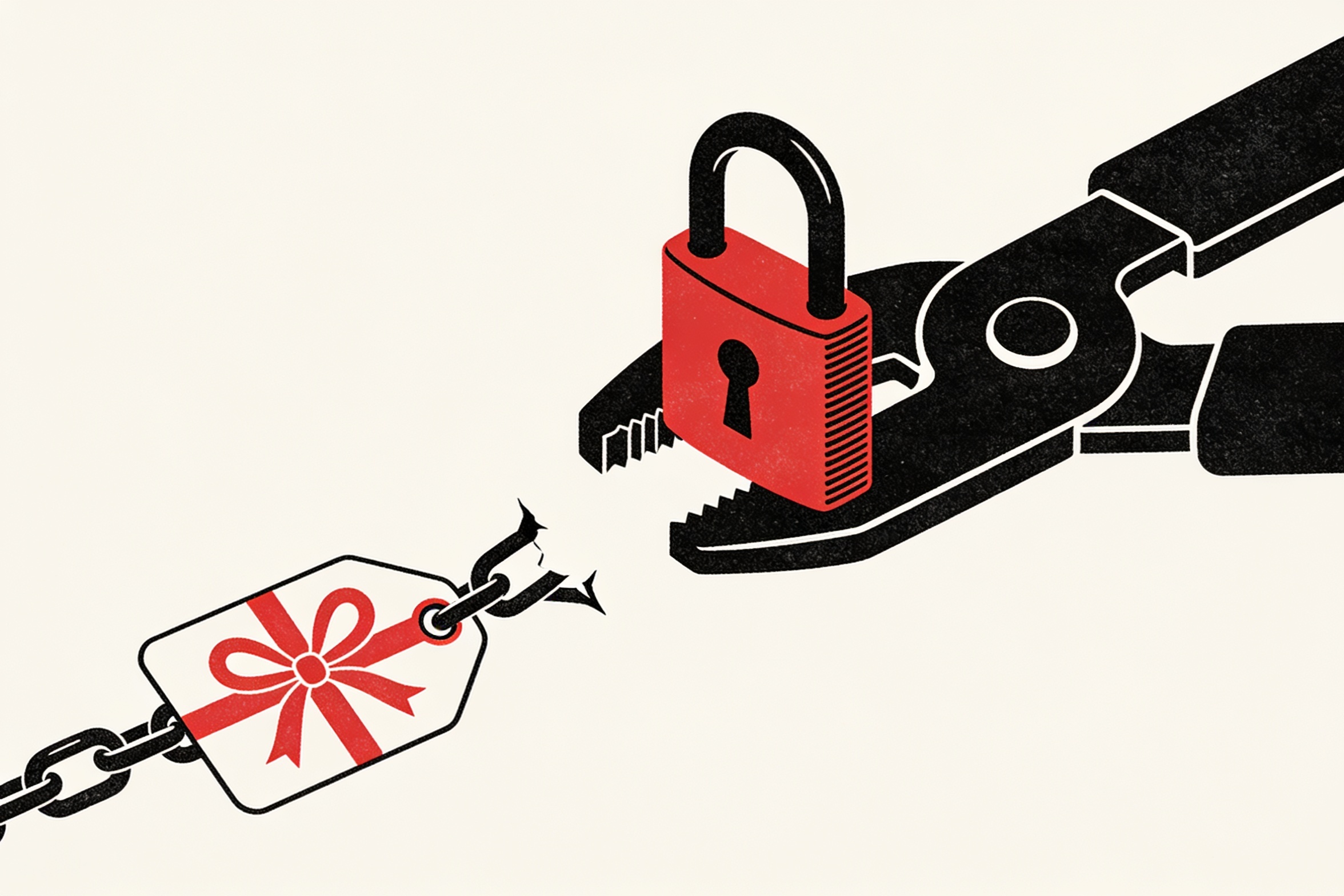 Minimalist ink and crimson illustration of a padlock fused onto a cutting machine beside a broken chain link shaped like a git tag