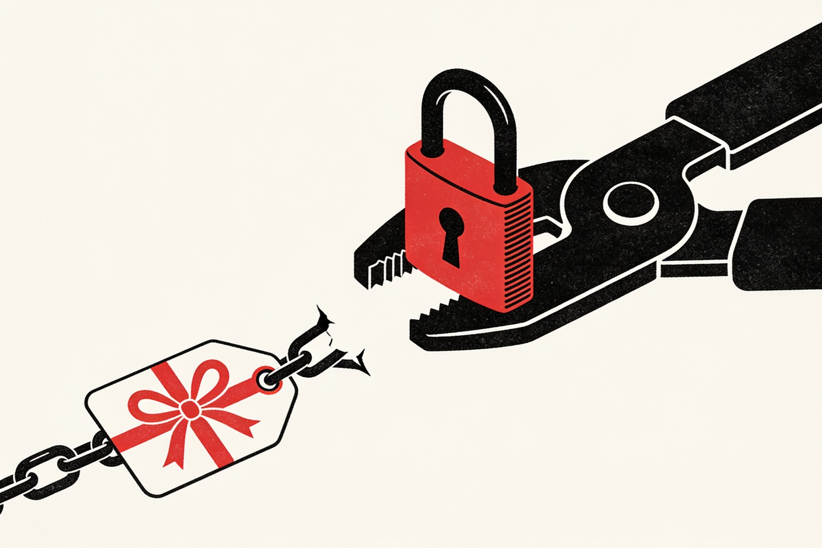Minimalist ink and crimson illustration of a padlock fused onto a cutting machine beside a broken chain link shaped like a git tag