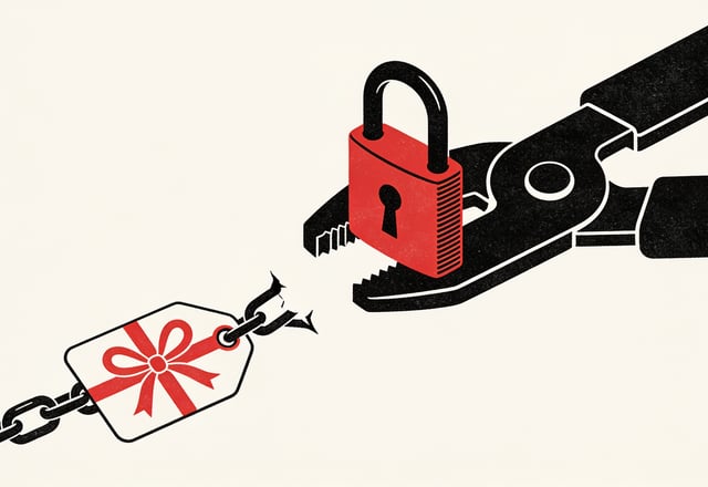 Minimalist ink and crimson illustration of a padlock fused onto a cutting machine beside a broken chain link shaped like a git tag