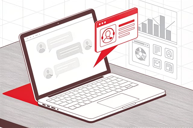 Minimal ink-and-crimson illustration of a laptop with a small crimson custom app window rising beside gray sanctioned software icons, on a subtle dashboard grid