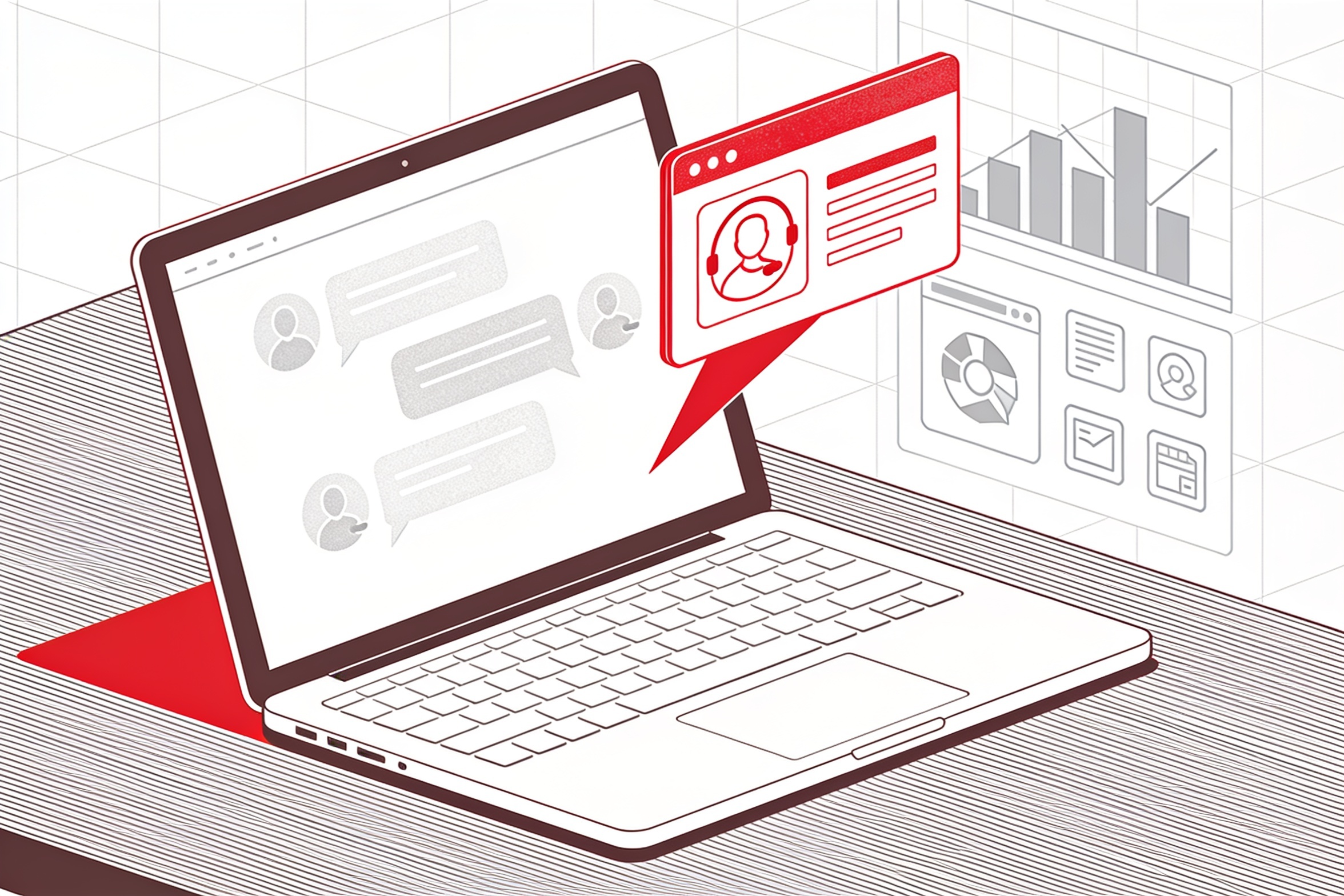 Minimal ink-and-crimson illustration of a laptop with a small crimson custom app window rising beside gray sanctioned software icons, on a subtle dashboard grid