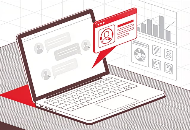 Minimal ink-and-crimson illustration of a laptop with a small crimson custom app window rising beside gray sanctioned software icons, on a subtle dashboard grid