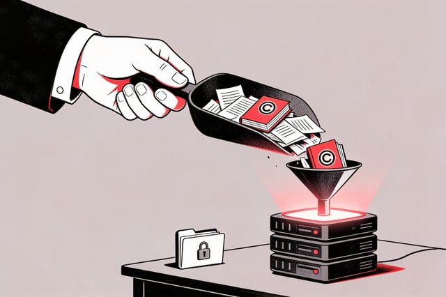 Minimal ink and crimson illustration of a corporate hand scooping copyrighted documents into a glowing AI server while a single locked personal folder sits untouched on a desk