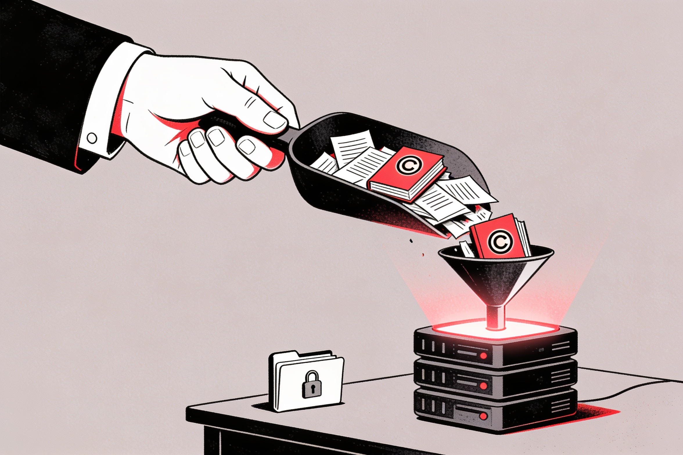 Minimal ink and crimson illustration of a corporate hand scooping copyrighted documents into a glowing AI server while a single locked personal folder sits untouched on a desk