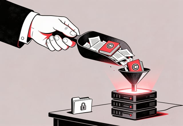 Minimal ink and crimson illustration of a corporate hand scooping copyrighted documents into a glowing AI server while a single locked personal folder sits untouched on a desk