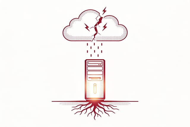 Minimalist ink and crimson illustration of a rooted server tower standing steady on the ground while a dashed-line cloud overhead cracks apart with small lightning bolts