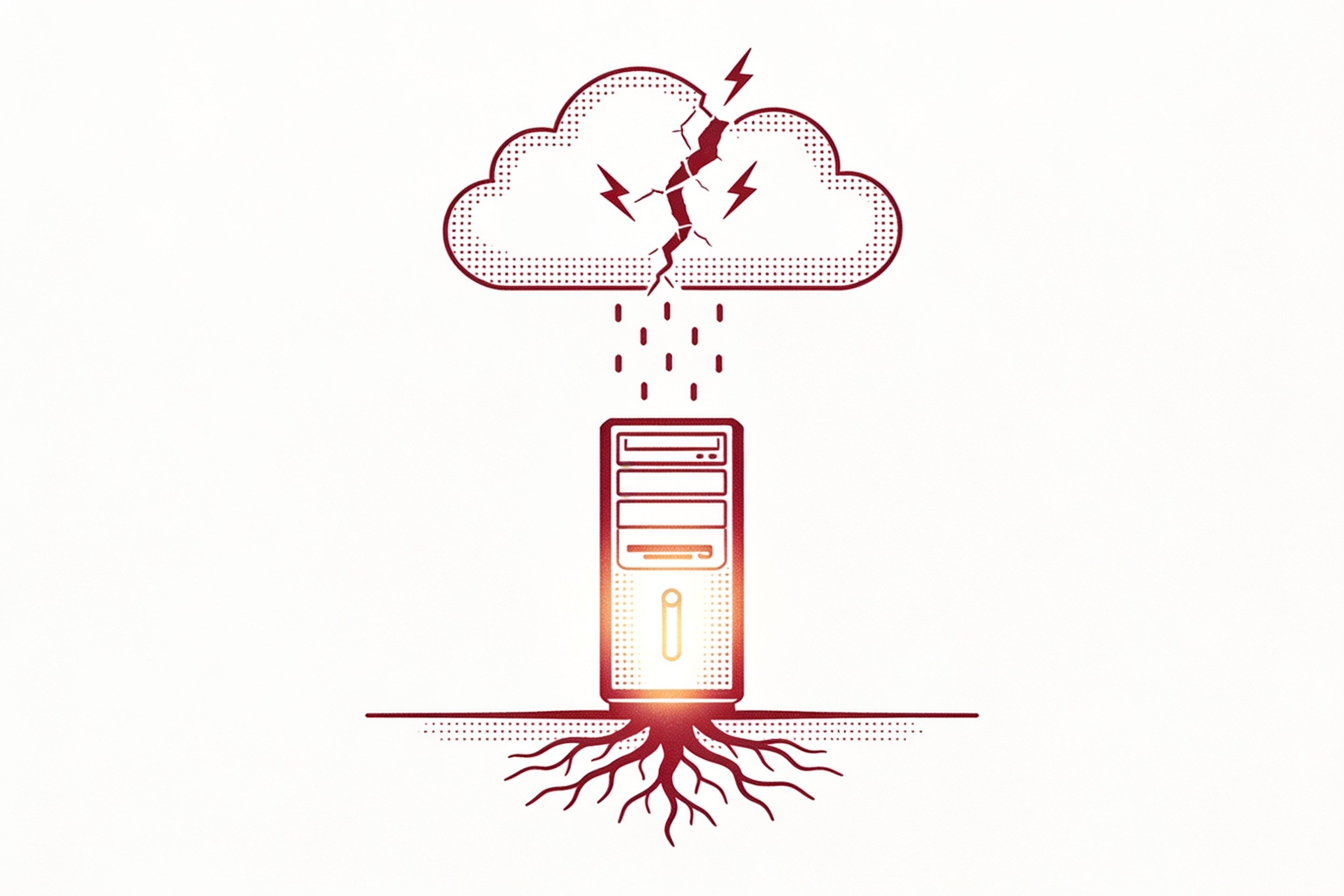 Minimalist ink and crimson illustration of a rooted server tower standing steady on the ground while a dashed-line cloud overhead cracks apart with small lightning bolts