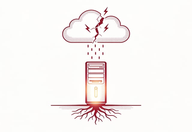 Minimalist ink and crimson illustration of a rooted server tower standing steady on the ground while a dashed-line cloud overhead cracks apart with small lightning bolts
