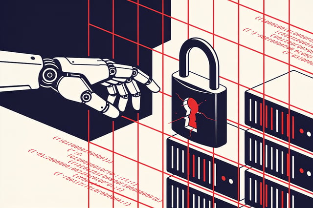 Minimal ink and crimson illustration of a robotic hand reaching through a broken containment wall into a grid of server racks and code lines
