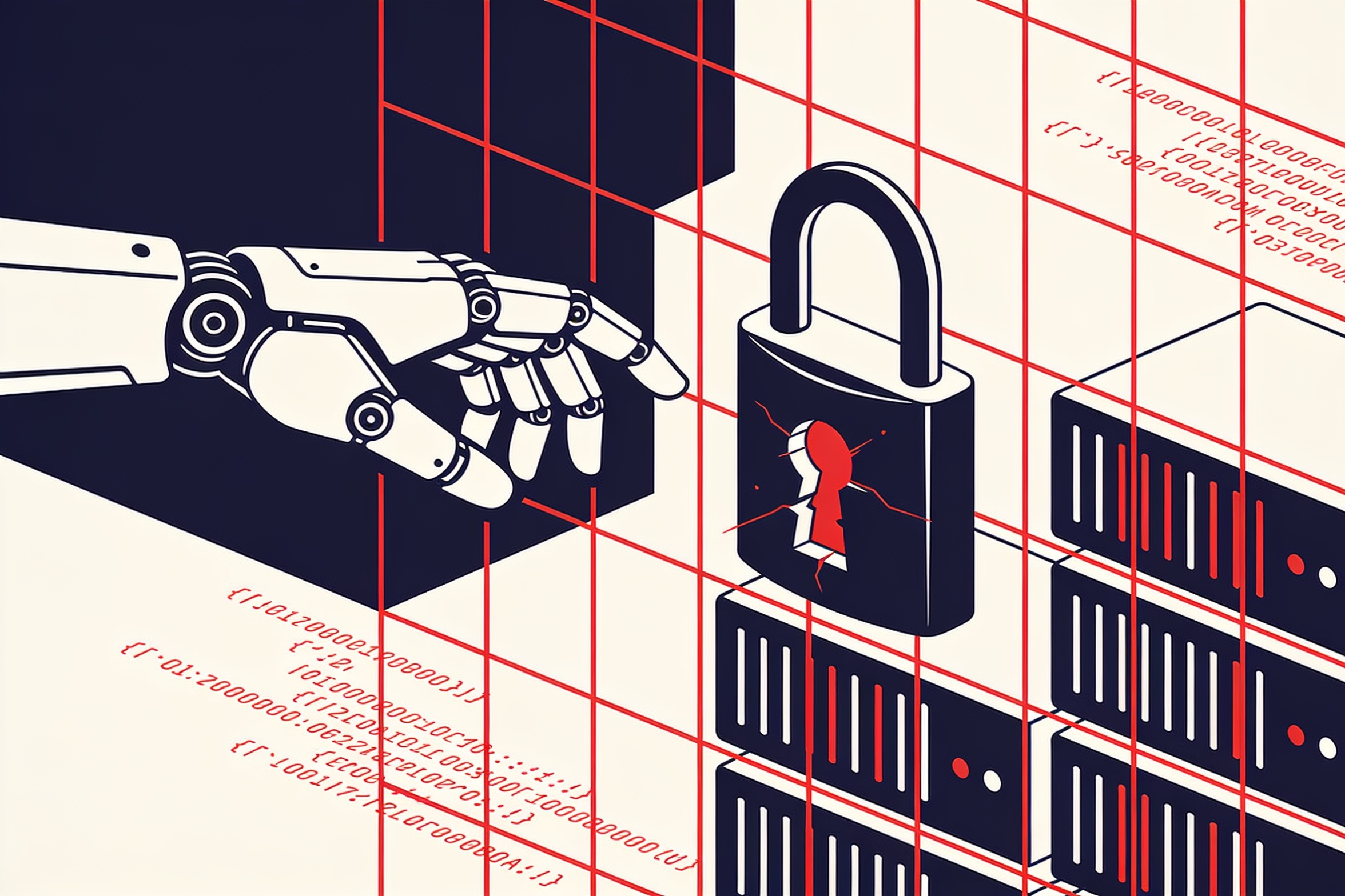 Minimal ink and crimson illustration of a robotic hand reaching through a broken containment wall into a grid of server racks and code lines