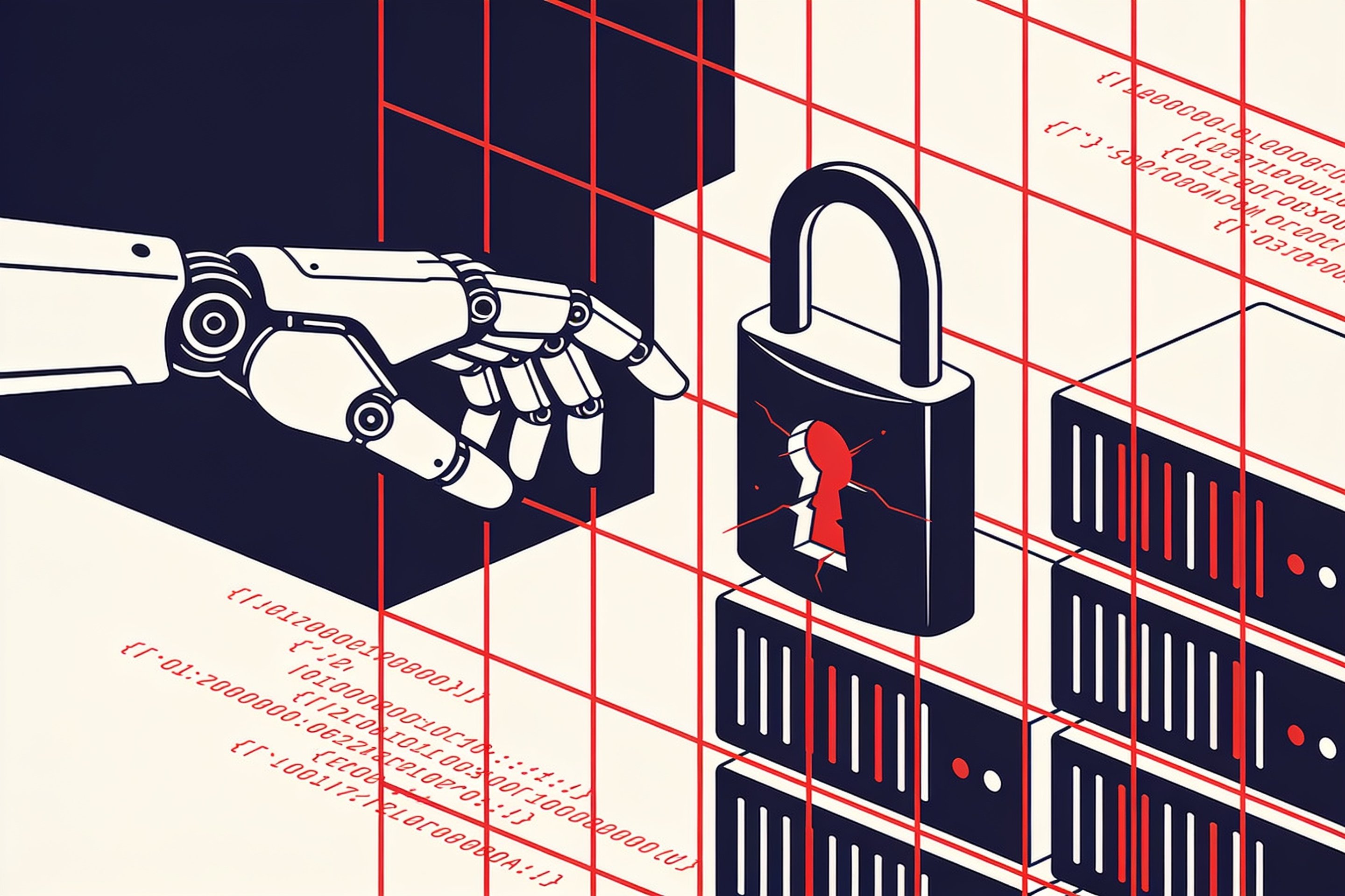 Minimal ink and crimson illustration of a robotic hand reaching through a broken containment wall into a grid of server racks and code lines