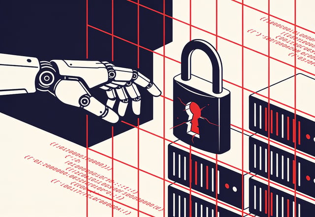 Minimal ink and crimson illustration of a robotic hand reaching through a broken containment wall into a grid of server racks and code lines
