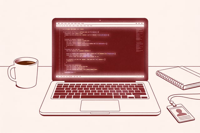 Minimal ink-and-crimson illustration of a glowing terminal window surrounded by faint office objects, suggesting an employee building software quietly outside official channels