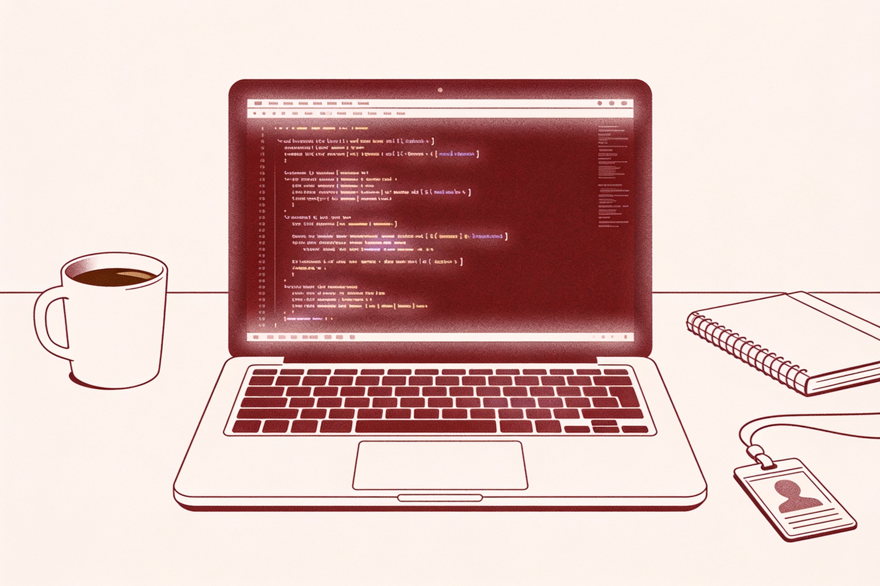 Minimal ink-and-crimson illustration of a glowing terminal window surrounded by faint office objects, suggesting an employee building software quietly outside official channels