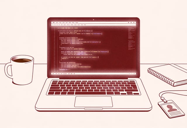 Minimal ink-and-crimson illustration of a glowing terminal window surrounded by faint office objects, suggesting an employee building software quietly outside official channels