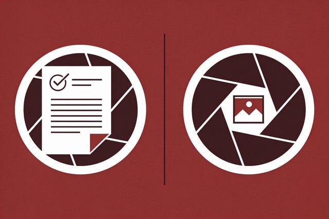 Minimal ink and crimson illustration of two abstract aperture icons scanning a document and a photo, representing two AI vision models