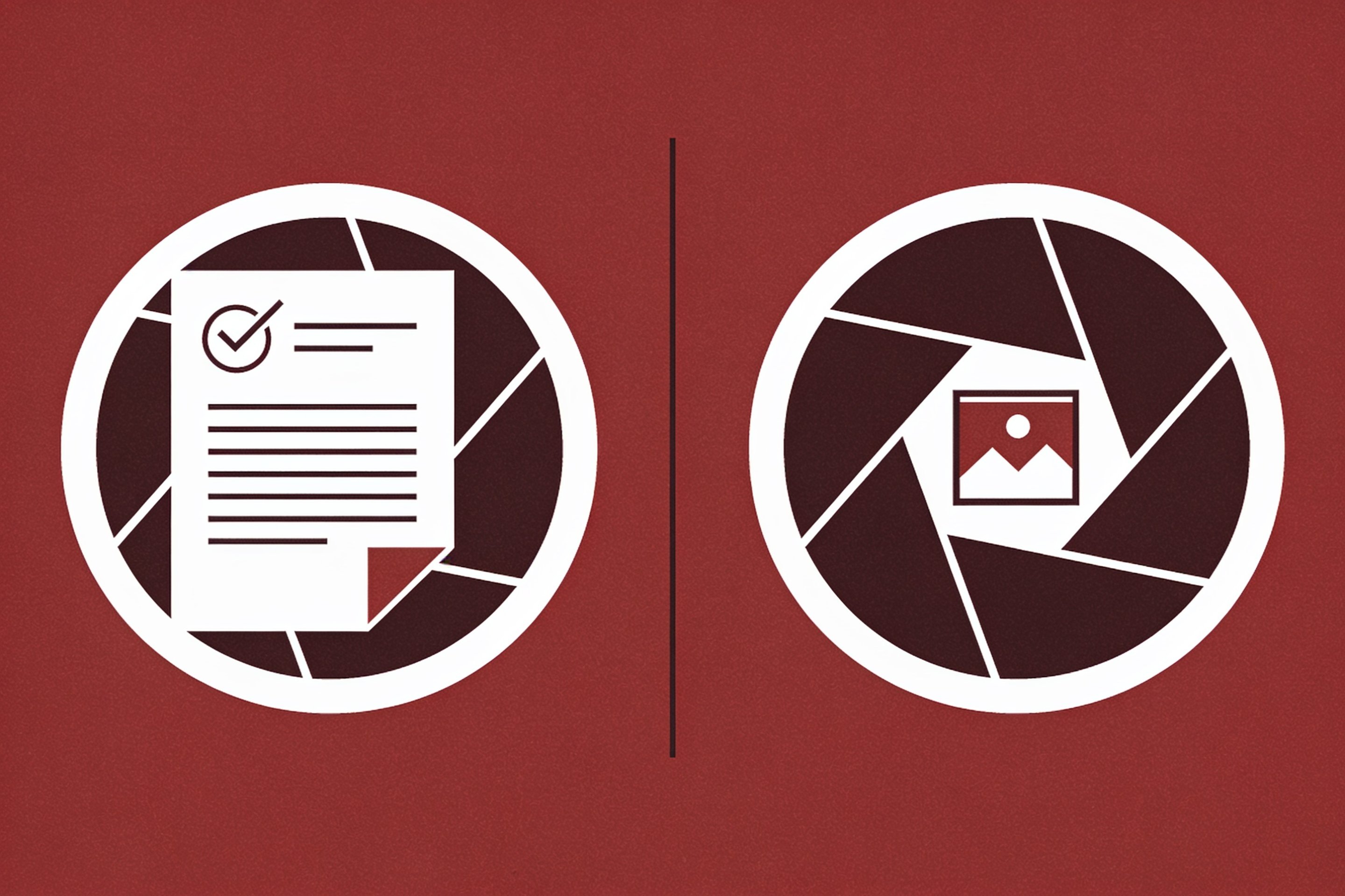 Minimal ink and crimson illustration of two abstract aperture icons scanning a document and a photo, representing two AI vision models