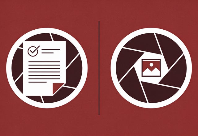 Minimal ink and crimson illustration of two abstract aperture icons scanning a document and a photo, representing two AI vision models