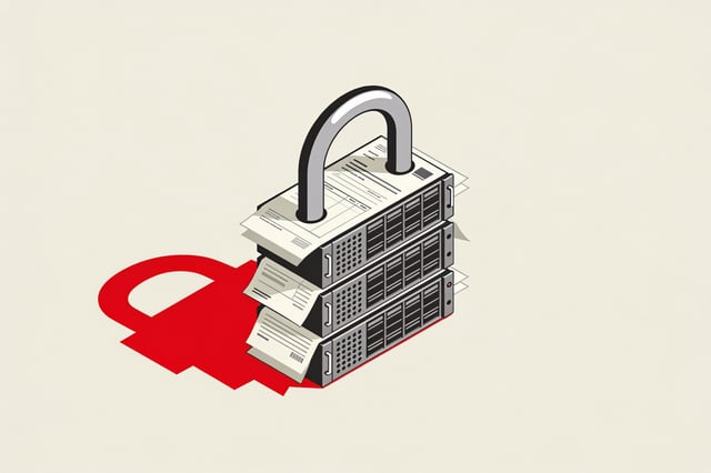 A minimal ink-and-crimson illustration of a padlock built from stacked server racks and invoices, symbolizing SaaS vendor lock-in