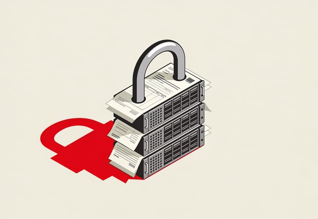 A minimal ink-and-crimson illustration of a padlock built from stacked server racks and invoices, symbolizing SaaS vendor lock-in