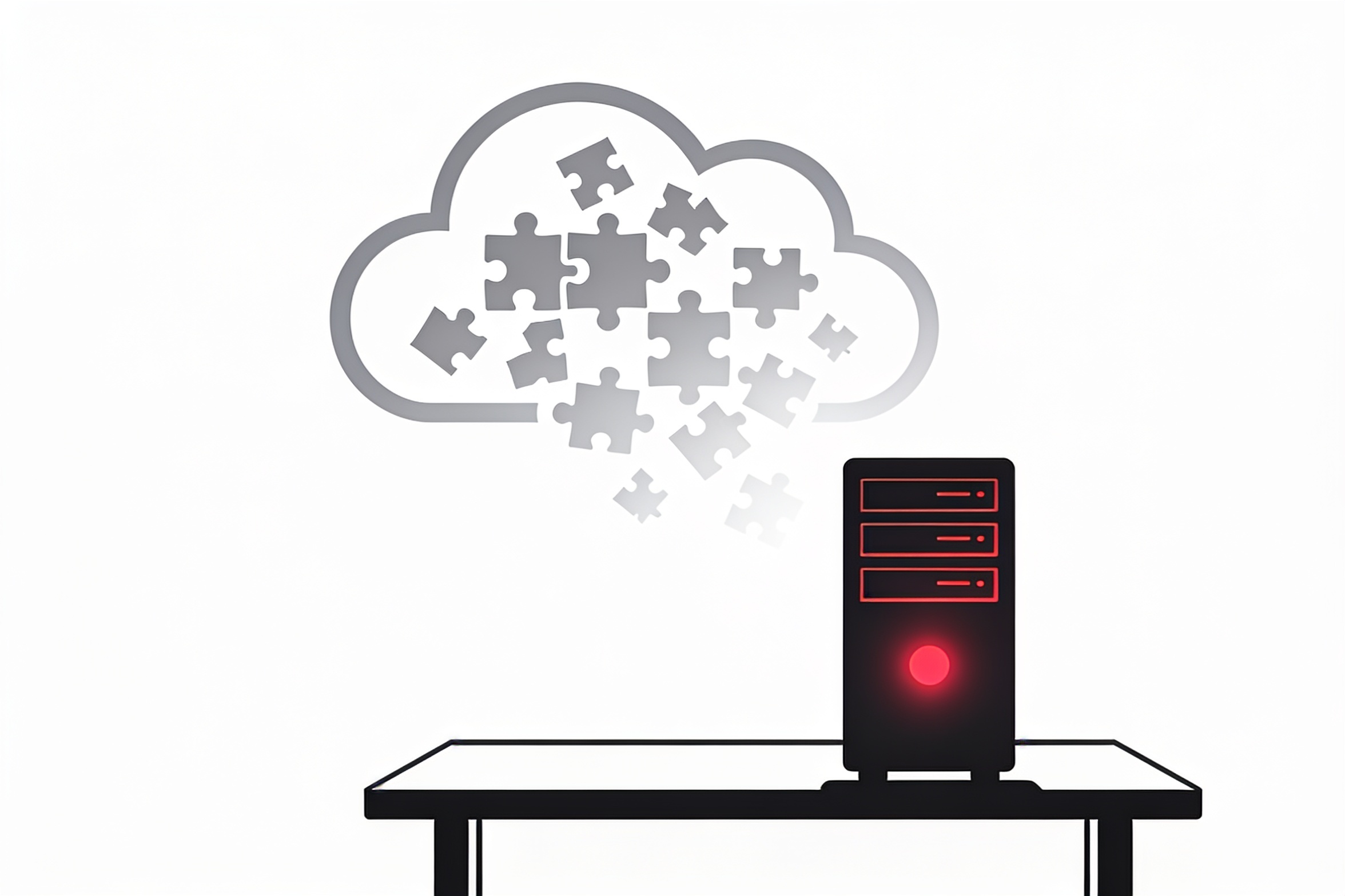 Minimal ink-and-crimson illustration of a small local server glowing steadily on a desk while a background cloud icon breaks apart into fading gray puzzle pieces
