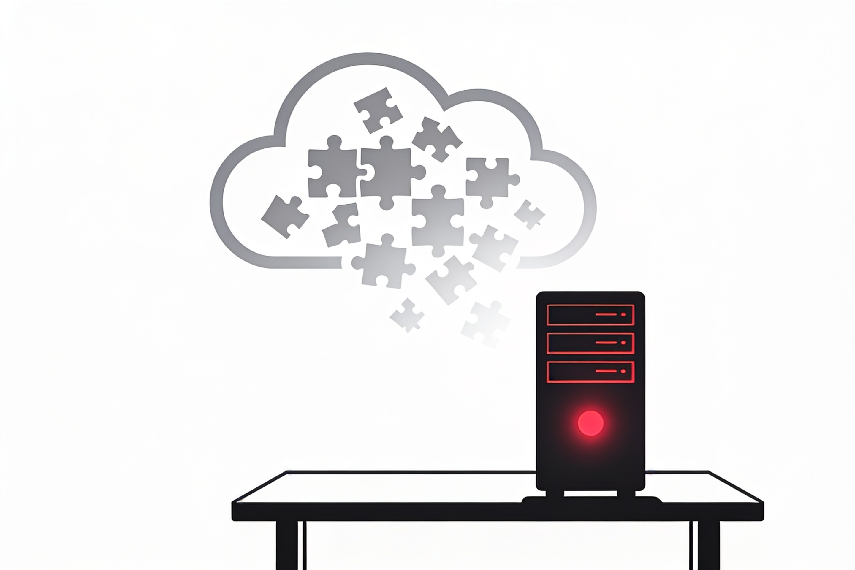 Minimal ink-and-crimson illustration of a small local server glowing steadily on a desk while a background cloud icon breaks apart into fading gray puzzle pieces