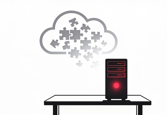 Minimal ink-and-crimson illustration of a small local server glowing steadily on a desk while a background cloud icon breaks apart into fading gray puzzle pieces