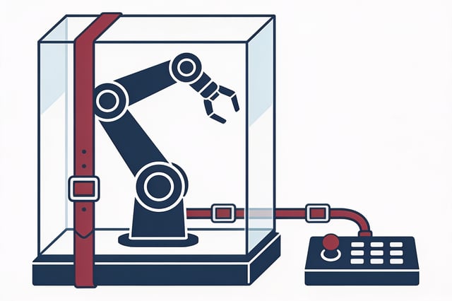 A minimal line-art illustration of a robotic arm working inside a glass sandbox enclosure, connected by harness straps to a control panel, in navy and crimson tones