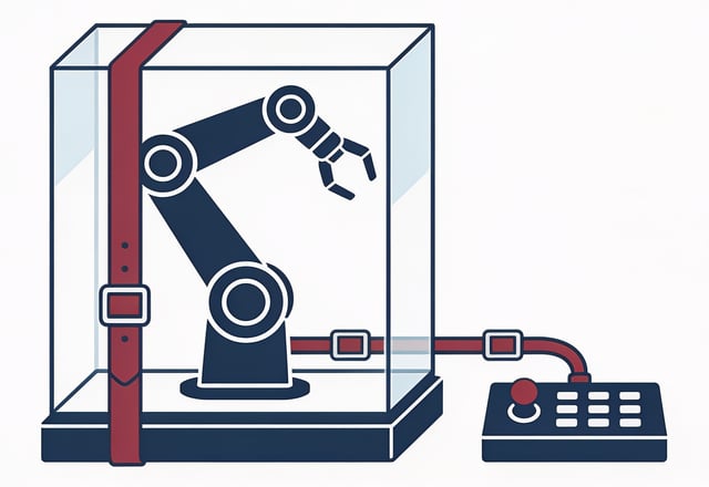 A minimal line-art illustration of a robotic arm working inside a glass sandbox enclosure, connected by harness straps to a control panel, in navy and crimson tones