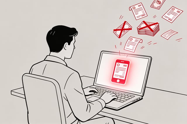 Minimalist line illustration of an employee at a laptop building a custom app interface while crossed-out subscription invoice icons float away