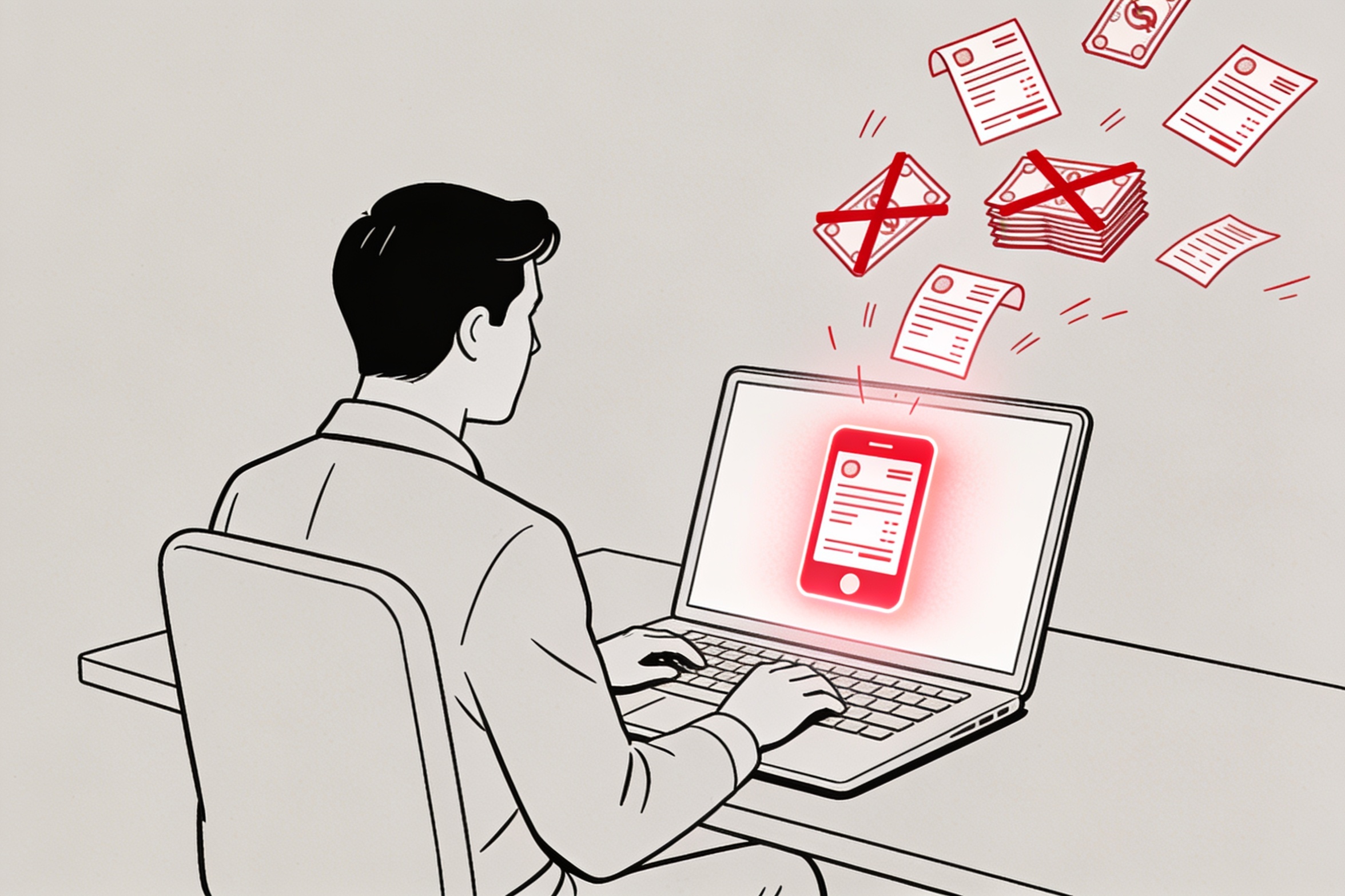 Minimalist line illustration of an employee at a laptop building a custom app interface while crossed-out subscription invoice icons float away
