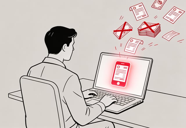 Minimalist line illustration of an employee at a laptop building a custom app interface while crossed-out subscription invoice icons float away