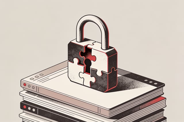 Minimal ink and crimson illustration of a padlock made of open puzzle pieces resting on stacked software layers, symbolizing hidden enterprise lock-in inside open-source software