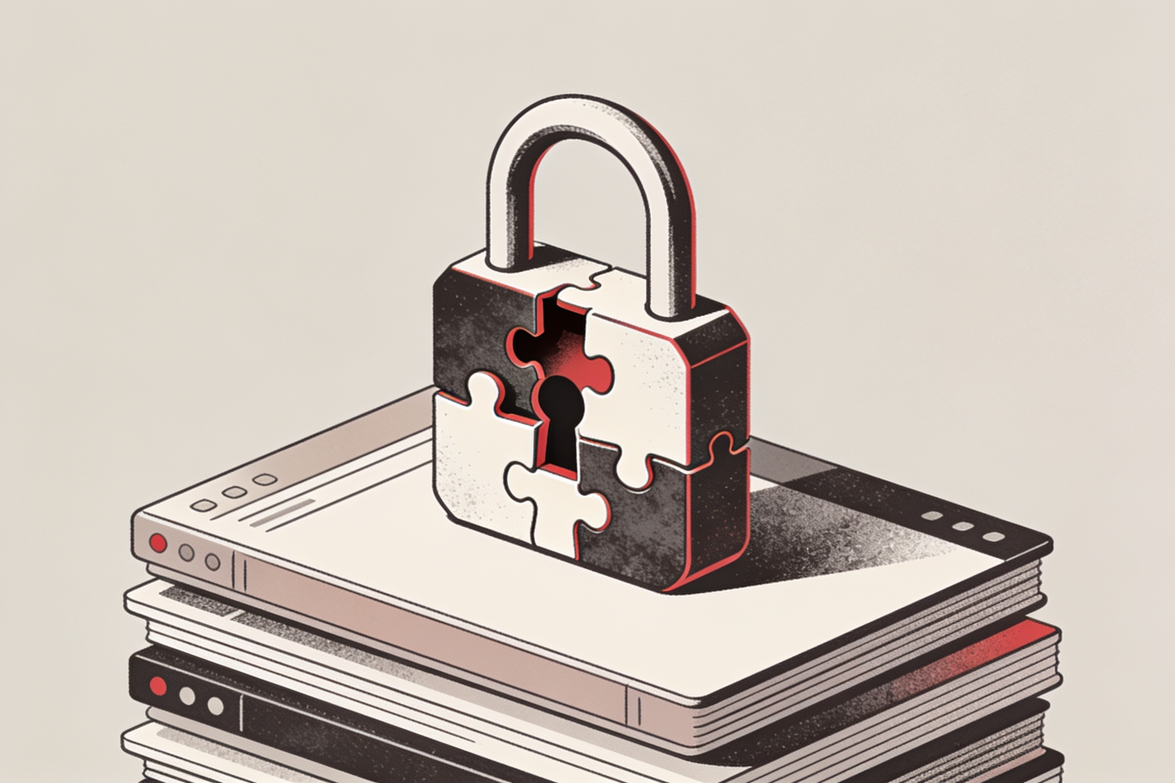 Minimal ink and crimson illustration of a padlock made of open puzzle pieces resting on stacked software layers, symbolizing hidden enterprise lock-in inside open-source software