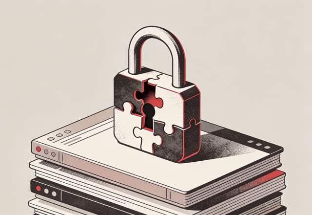 Minimal ink and crimson illustration of a padlock made of open puzzle pieces resting on stacked software layers, symbolizing hidden enterprise lock-in inside open-source software